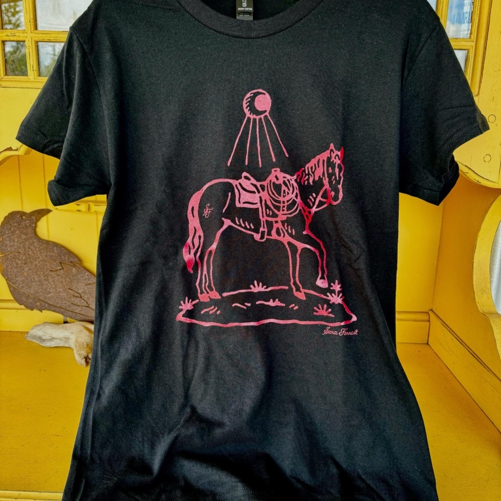 Black T-Shirt with Pink Horse Graphic